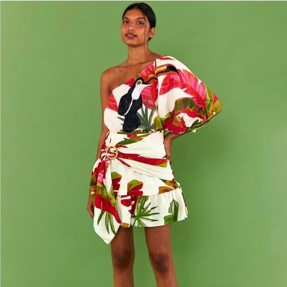 FARM Rio One-Shoulder Tropical Toucan Mini Dress in White, Red, Green